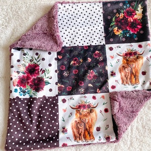 LOVEY, QUICK SHIP, Floral Highland Cow Blanket, Purple Floral Crib Bedding, Boho Cow Baby Girl Gift, Baby Shower Gift, Farm Cowgirl Crib