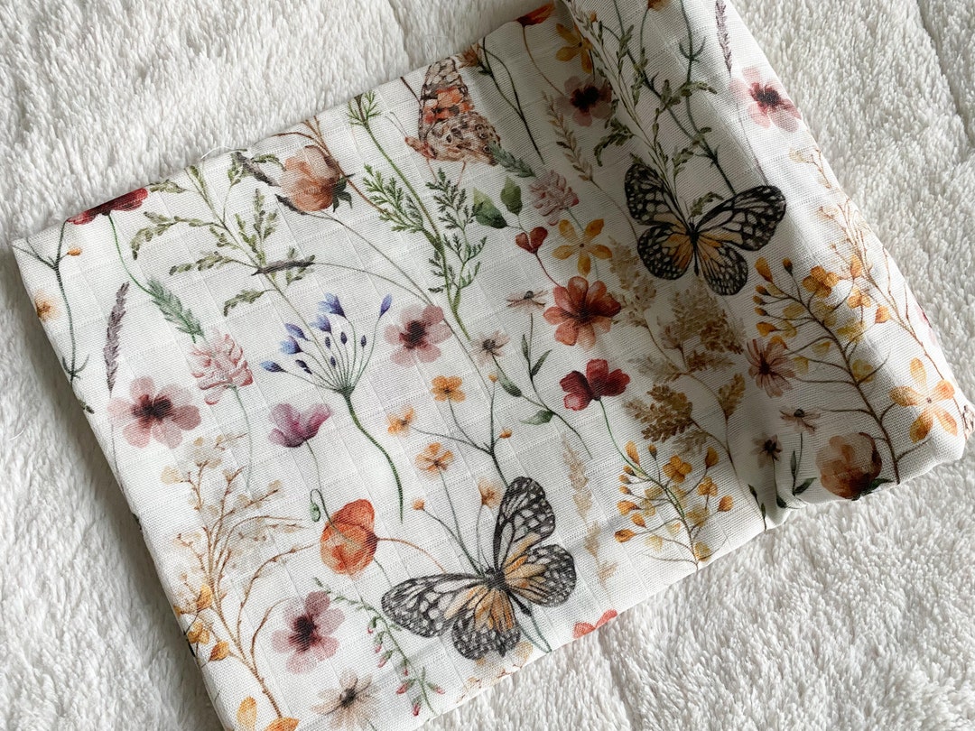 Butterfly Meadows Swaddle, Crib Bedding, Boho Girl Baby Blanket, Muslin