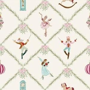 May include: A seamless pattern featuring a Nutcracker, a ballerina, a mouse, a rocking horse, a clock, and mistletoe. The pattern is on a white background with green and pink accents.