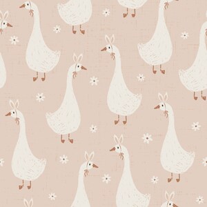 May include: A seamless pattern featuring white geese with bunny ears and brown bows on a light pink background with small white flowers.