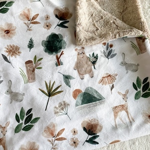 READY TO SHIP, Boho Woodland Baby Blanket, Girl Floral Crib Bedding, Baby Show Gift, Minky Deer Blanket, Neutral Floral Crib Blanket