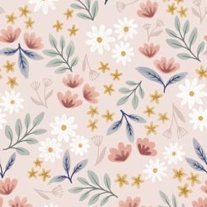 May include: A seamless pattern featuring a variety of flowers and leaves on a light pink background. The flowers are in shades of white, pink, and yellow, and the leaves are in shades of green and blue.