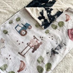 READY TO SHIP, Minky Farm Baby Crib Blanket, Cow Baby Blanket, Farm Cow Crib Bedding, Neutral Farm Baby Gift, Nursing Pillow Cover Set