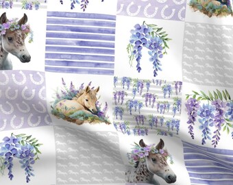 May include: A patchwork fabric design featuring a white background with purple and gray accents. The design includes images of horses, horseshoes, and wisteria flowers.