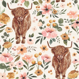 Floral Highland Cow Baby Crib Blanket, Farm Nursing Pillow Cover, Newborn, Lounge Cover, Cow Crib Sheet, Farm Muslin Swaddle,  Minky Lovey
