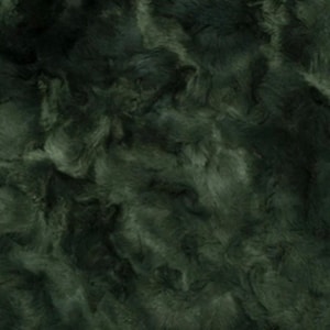 May include: Dark green faux fur fabric with a soft, textured appearance. The fabric has a swirling pattern, with variations in the green tones creating depth and dimension. The material appears plush and luxurious.