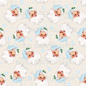 May include: A seamless pattern featuring a repeating design of Santa Claus faces with blue hats and white beards. The background is a light beige color with blue stars.