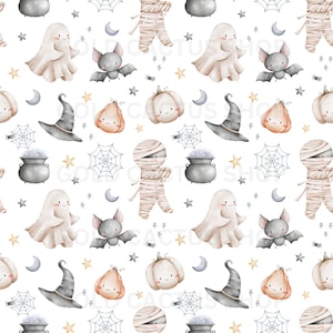 Pu&ograve; includere: Uno schema senza cuciture che presenta vari personaggi e oggetti di Halloween, tra cui fantasmi, pipistrelli, zucche, cappelli da strega, mummie, calderoni e ragnatele. Il design &egrave; realizzato in stile acquerello su uno sfondo bianco.