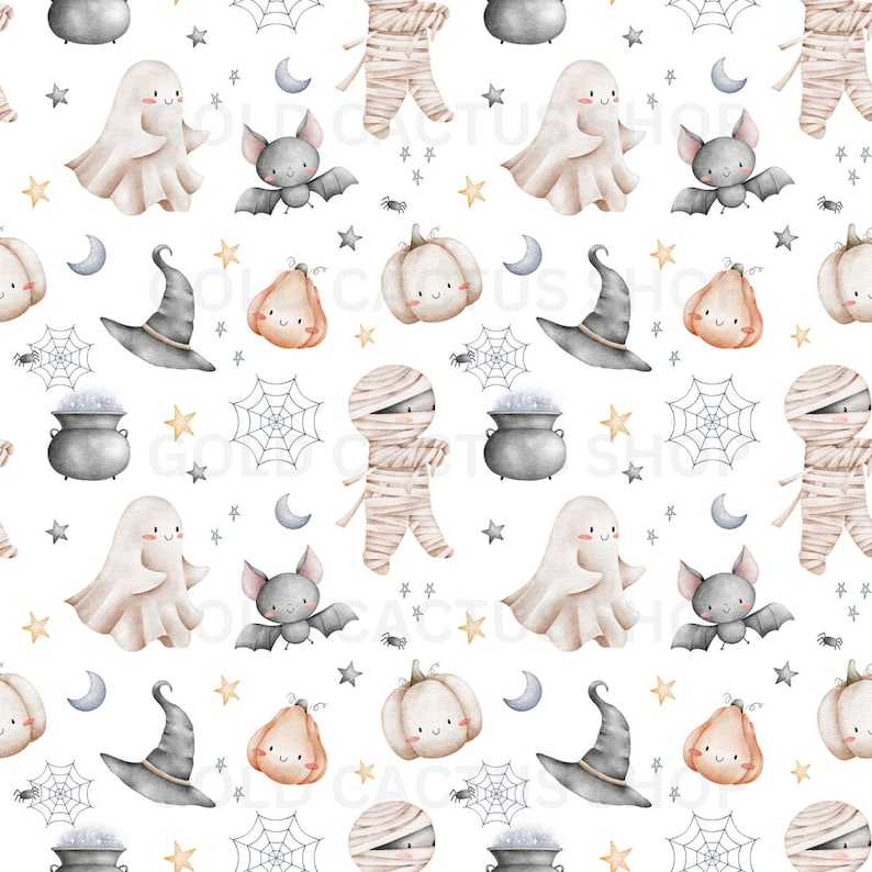 Pu&ograve; includere: Uno schema senza cuciture che presenta vari personaggi e oggetti di Halloween, tra cui fantasmi, pipistrelli, zucche, cappelli da strega, mummie, calderoni e ragnatele. Il design &egrave; realizzato in stile acquerello su uno sfondo bianco.