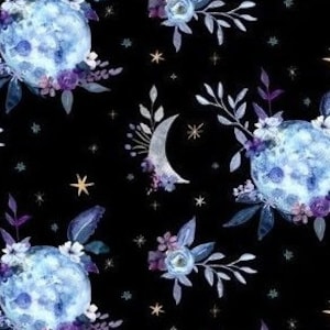 May include: A repeating pattern on a black background features celestial elements. The design includes watercolour-style blue moons, crescent moons, stars, and floral arrangements in shades of purple and blue.