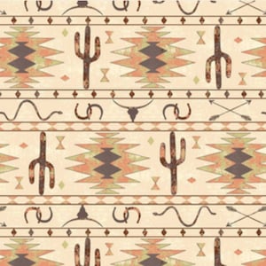 May include: A seamless pattern featuring a southwestern design with cacti, snakes, horseshoes, and arrows on a beige background. The pattern is in shades of brown, orange, and green.