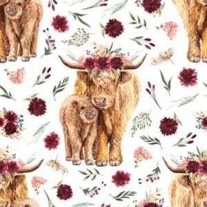 May include: A seamless pattern featuring a mother and baby Highland cow with floral wreaths. The background is white with burgundy flowers and green foliage.