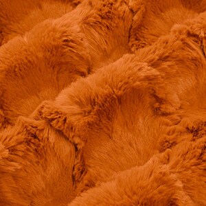 May include: Close-up of a plush, textured fabric in a warm, burnt orange color. The material has a soft, fur-like appearance with visible ridges and folds, creating a sense of depth and dimension. The overall texture suggests a cozy and inviting feel.