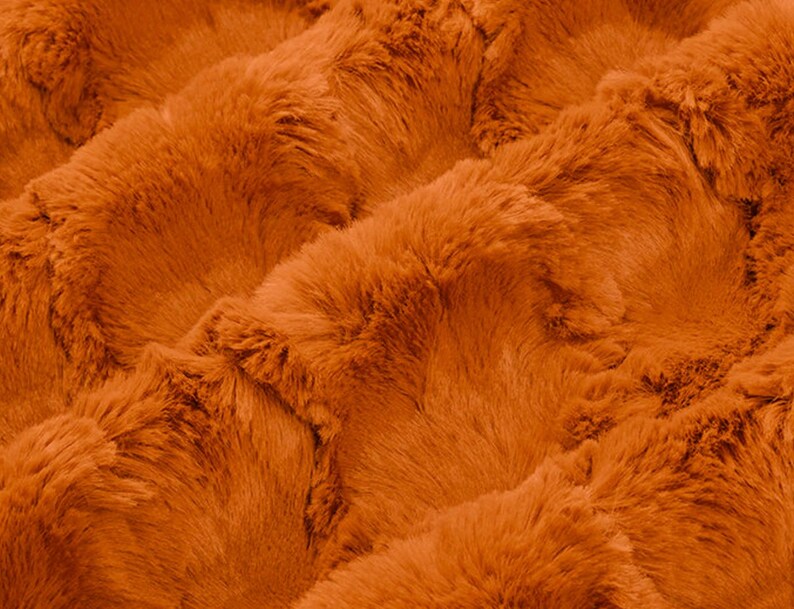 May include: Close-up of a plush, textured fabric in a warm, burnt orange color. The material has a soft, fur-like appearance with visible ridges and folds, creating a sense of depth and dimension. The overall texture suggests a cozy and inviting feel.