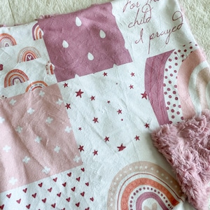 LOVEY, QUICK SHIP, For This Child I Prayed, Boho Rainbow Blanket, Minky Girl Baby Crib Blanket, Newborn Baby Gift, Crib Bedding, Pink, Mauve