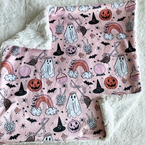 QUICK SHIP, Baby Brewing Baby Blanket, Halloween Lovey, Girl Spooky Goth, Fall Baby Gift, Boho Rainbow Crib Bedding, Ghost Blanket 17x17 LOVEY