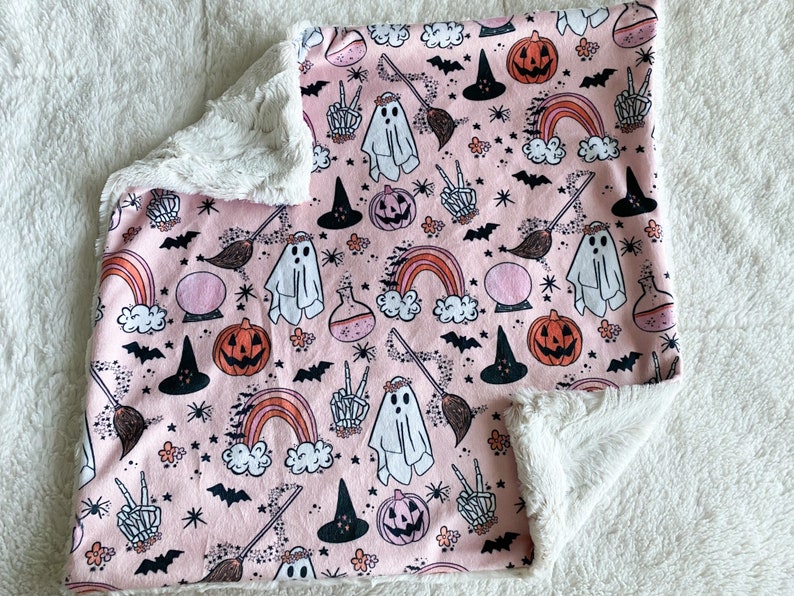 QUICK SHIP, Baby Brewing Baby Blanket, Halloween Lovey, Girl Spooky Goth, Fall Baby Gift, Boho Rainbow Crib Bedding, Ghost Blanket 17x17 LOVEY