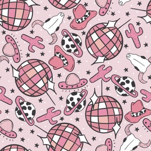 May include: A repeating pattern of pink disco balls, cowboy hats, planets, cacti, and cow skulls on a light pink background. The design includes black outlines and white star accents, creating a whimsical, retro aesthetic.