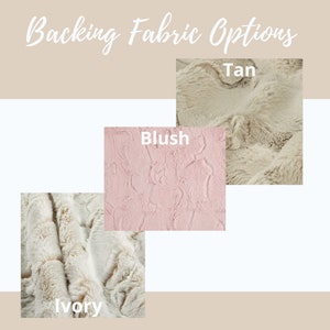 May include: Three fabric swatches in ivory, blush, and tan. The fabric is a soft, plush faux fur. The swatches are labeled with the color names.