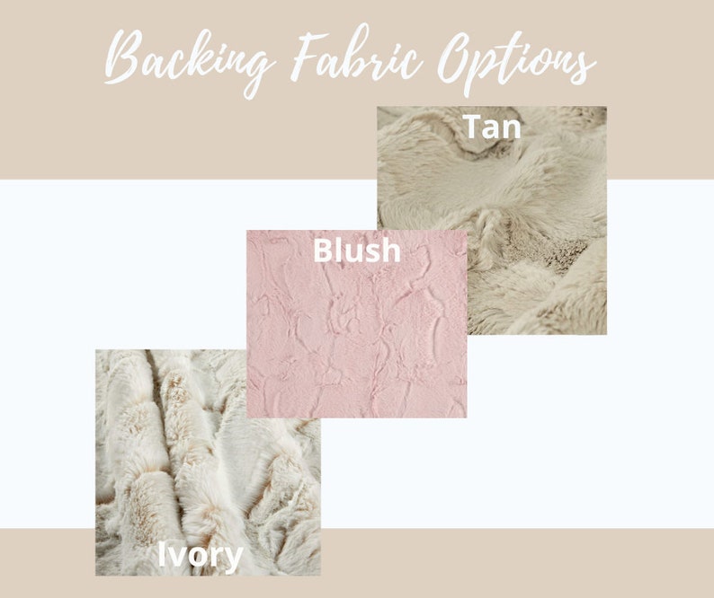 May include: Three fabric swatches in ivory, blush, and tan. The fabric is a soft, plush faux fur. The swatches are labeled with the color names.