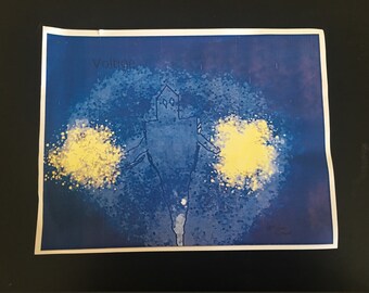 May include: A blue watercolor painting of a house with two yellow circles on either side. The painting is titled "Voltage" and signed at the bottom.