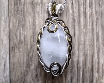 Milky Quartz Pendant copper wire 26" stainless steel chain included