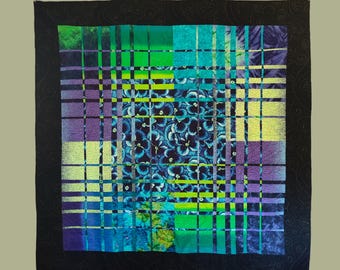 Handmade Pansy Art Quilt, Large Wall Hanging, Feather Swirls