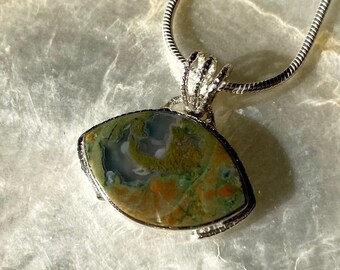 Natural Rhyolite Gemstone + Handmade Recycled Sterling Silver Small Pendant for Necklace