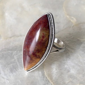 US 9.5 Red Moss Agate | Handmade Large Sterling Silver Marquise Ring