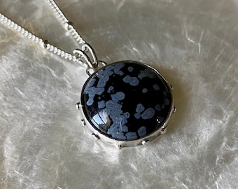 Natural Snowflake Obsidian + Handmade Recycled Sterling Silver Pendant for Necklace