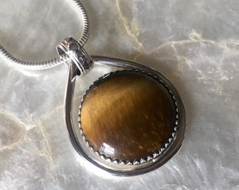 Small Tiger Eye Gemstone + Handmade Open Work Sterling Silver Pendant for Necklace