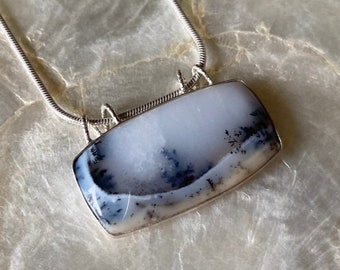 Snowy Landscape Natural Dendritic Tree Agate Opal + Handmade Sterling Silver Pendant for Necklace