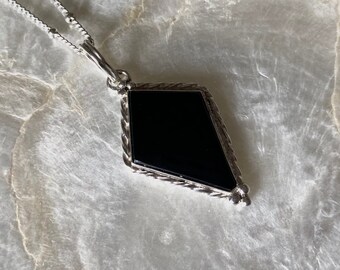 Small Coffin Black Onyx Natural Gemstone + Handmade Sterling Silver Pendant  Necklace