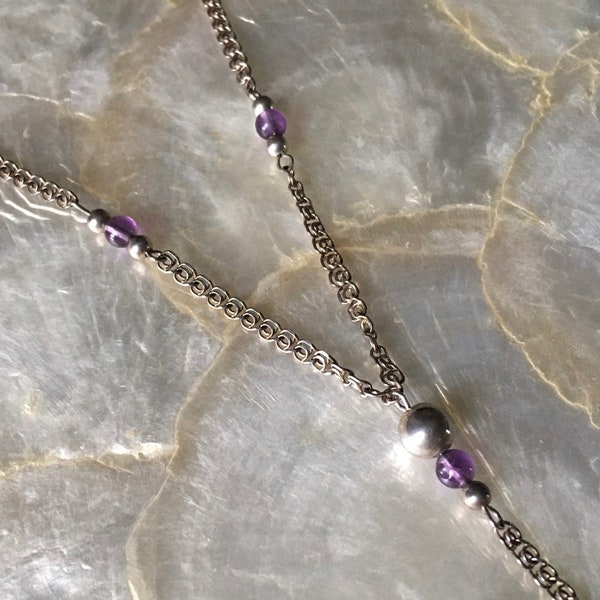 Vintage Amethyst Beads + Sterling Silver Chain Necklace