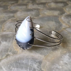 Small Medium Wrist Dendritic White Black Opal Agate + Sterling Silver Cuff Bracelet