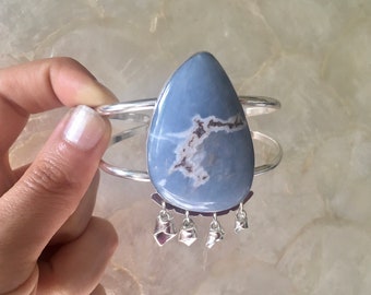 Blue Angelite Gemstone + Handmade Sterling Silver Cuff Bracelet for Small Medium Wrist