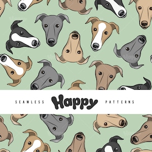 May include: A seamless pattern featuring a variety of grey, brown, and white dogs with different colored eyes. The dogs are all looking up at the viewer. The pattern is on a light green background. The text "Happy Patterns" is written in black at the bottom of the image.