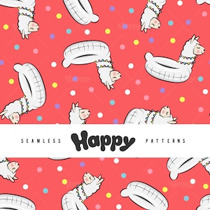 Puede incluir: Un patrón sin costuras con llamas blancas que llevan guirnaldas de colores, flotando en anillos inflables blancos sobre un fondo rojo con confeti de colores. El texto "Happy Patterns" se muestra en una pancarta blanca.