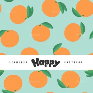 May include: A seamless pattern featuring orange citrus fruit with green leaves on a light blue background. The text "Happy Patterns" is displayed in a white banner.