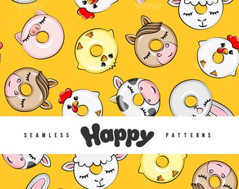 May include: Seamless pattern featuring cartoon animal donuts on a yellow background. The donuts are designed as a pig, sheep, horse, cow, chicken, and rabbit. The word "Happy" is in the center of the image.