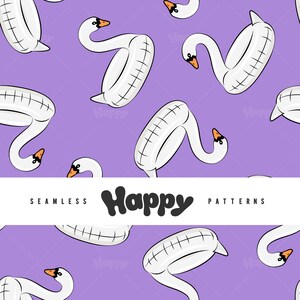 Könnte beinhalten: Ein nahtloses Muster mit weißen aufblasbaren Schwanen-Schwimmringen auf einem violetten Hintergrund. Der Text "Happy Patterns" ist unten in der Mitte des Bildes platziert.