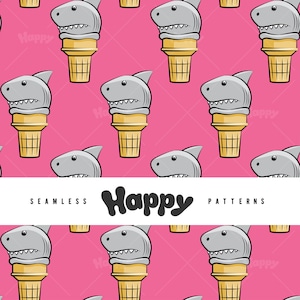 Könnte beinhalten: Nahtloses Muster mit Cartoon-Hai-Köpfen auf Eistüten vor pinkfarbenem Hintergrund. Die Tüten sind braun, und die Haie sind grau mit weißen Zähnen. Das Wort "Happy" steht in der Mitte.