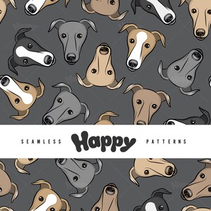 Puede incluir: Un patrón sin costuras con una variedad de cabezas de perros de dibujos animados grises, marrones y blancas. El patrón está sobre un fondo gris oscuro e incluye el texto "Happy Patterns".