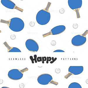 Puede incluir: Un patrón sin costuras con palas de ping pong azules y blancas y bolas blancas sobre un fondo blanco. El texto "Happy Patterns" está escrito en negro en la parte inferior de la imagen.