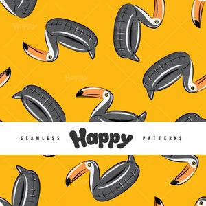 Puede incluir: Patrón sin costuras con tucanes estilizados en gris, negro y naranja sobre un fondo amarillo. El diseño repetitivo presenta las aves. La palabra "Happy" está escrita en una fuente lúdica.