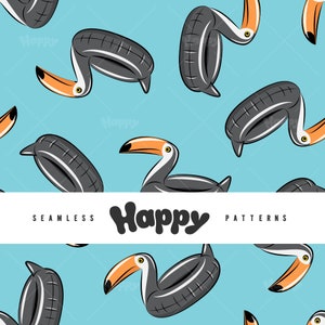May include: A seamless pattern featuring a repeating design of toucan-shaped inflatable pool floats on a light blue background. The text "Happy Patterns" is displayed in a white banner across the middle of the image.