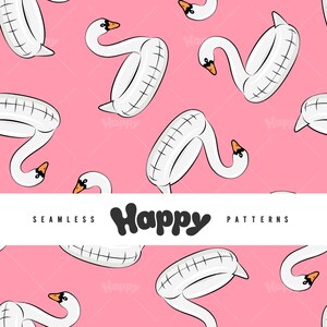 May include: A seamless pattern featuring white inflatable swan pool floats on a pink background. The text "Happy Patterns" is written in black across the bottom of the image.