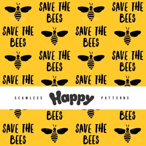 以下が含まれることがあります： 黄色い背景に黒い蜂と「SAVE THE BEES」の文字が描かれたシームレスパターン。 「Happy」の文字は様式化されたフォントで、「SEAMLESS PATTERNS」の文字が上下に配置されています。