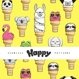 May include: A seamless pattern featuring various animals wearing sunglasses and ice cream cones on a yellow background. The animals include a panda, a llama, a koala, a flamingo, a frog, a bunny, a sloth, and a pig. The text "Happy Patterns" is written in black on a white banner.