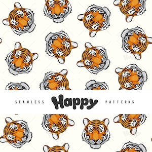 May include: A seamless pattern featuring orange and black tiger faces on a white background. The text "Happy Patterns" is written in black across the middle of the image.